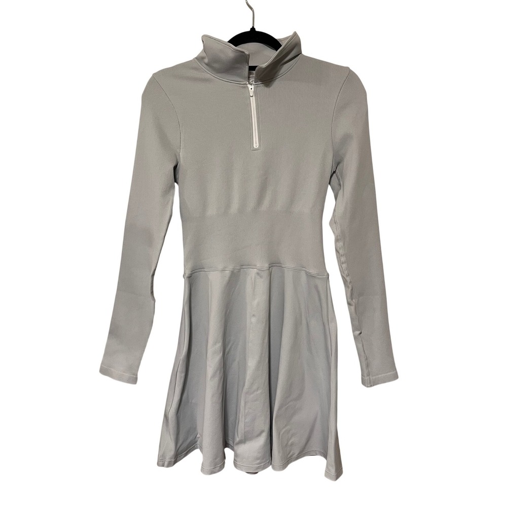 Long Sleeve‎ Athletic Tennis Dress Gray Quarter Zip Mock Neck Skater Stretch L